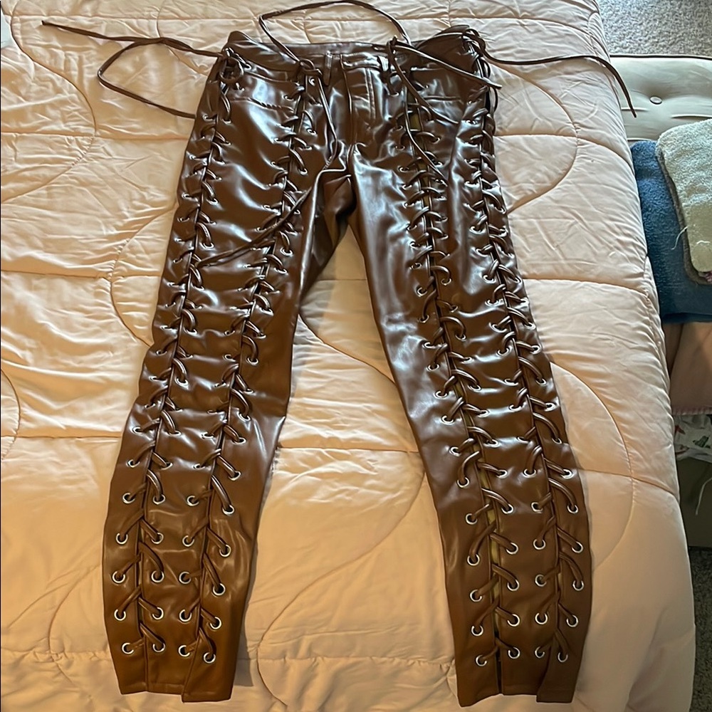 Brown Lace-Up Leather Pants